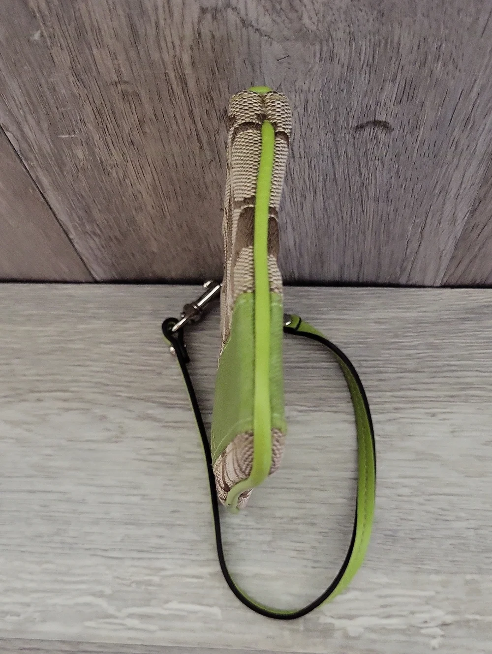 Coach Signature Wristlet Lime Green Trim Khaki Jacquard Wrist Strap Mini Pouch